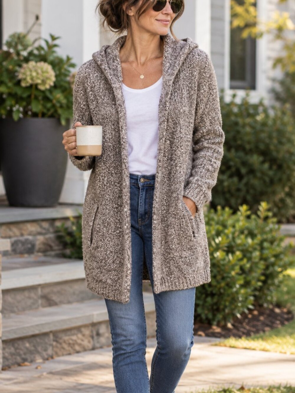 Athleta Boucle Knit Wool Blend Long Open Cardigan Hooded Sweater Oatmeal Sz Sm